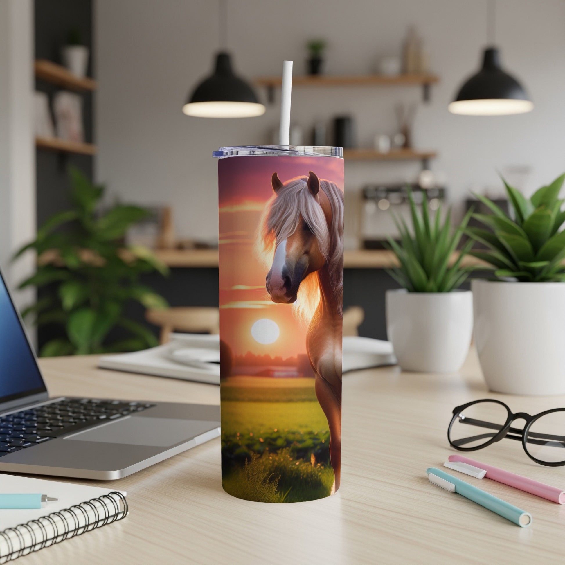 Horse on a skinny tumbler with a sunset background.