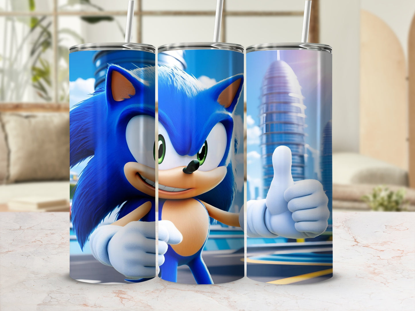 Sonic the Hedgehog character giving a thumbs up on a cylindrical tumbler.