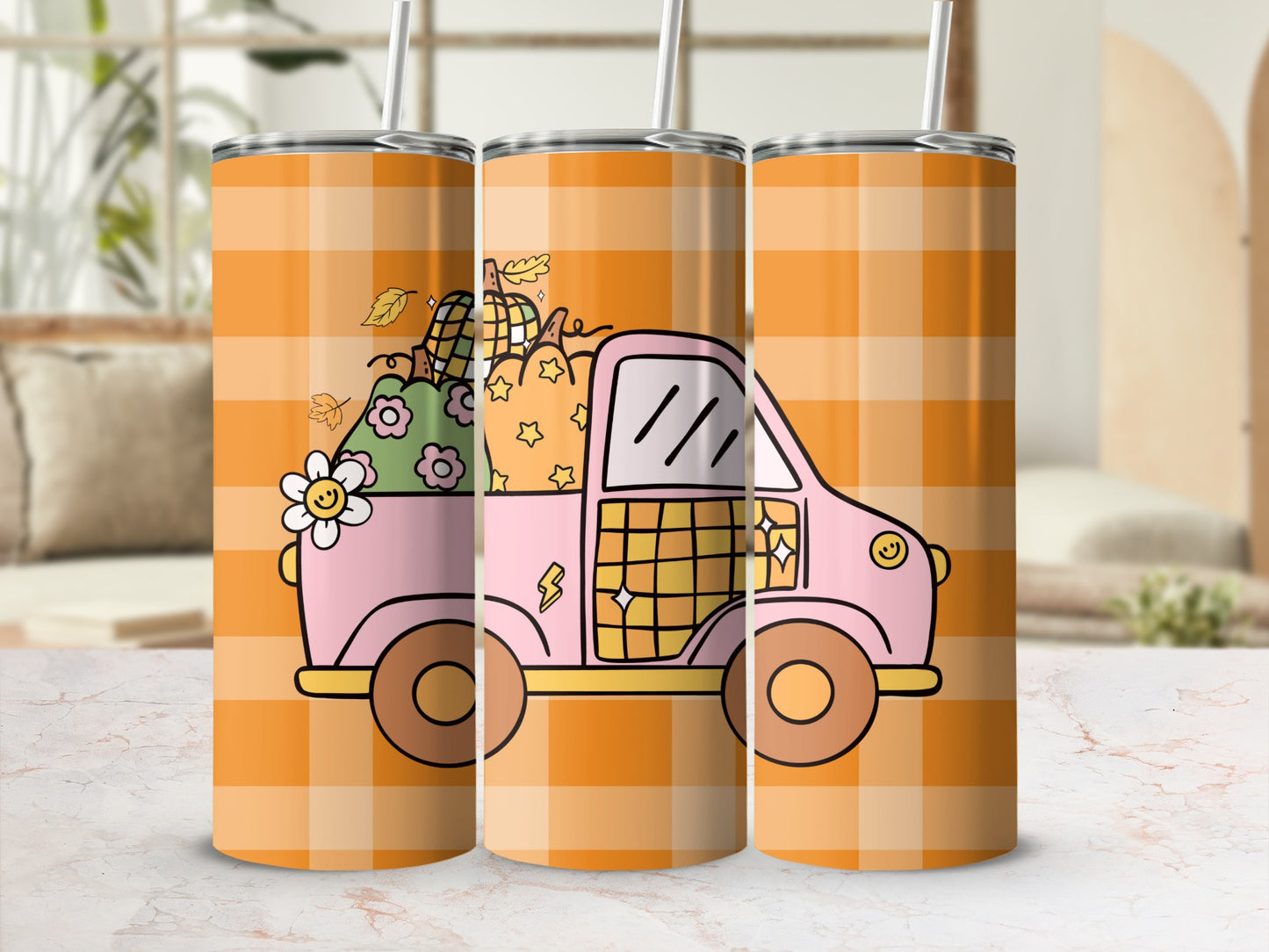 Pink truck with pumpkins and flowers on orange plaid background.