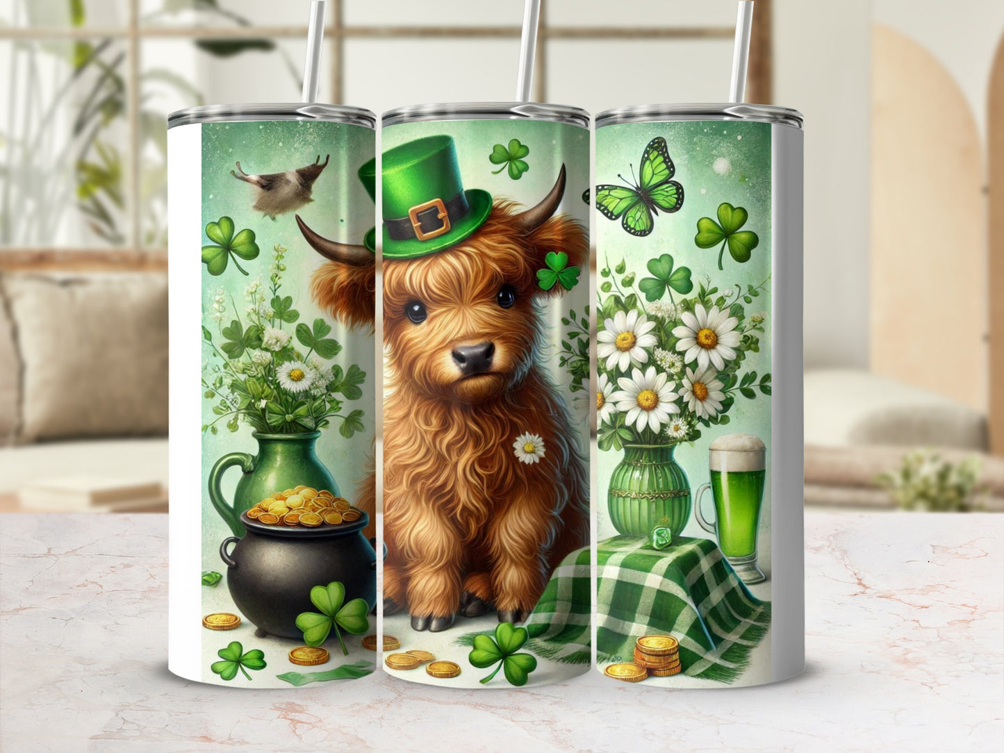 Highland cow in green hat with pot of gold and shamrocks.