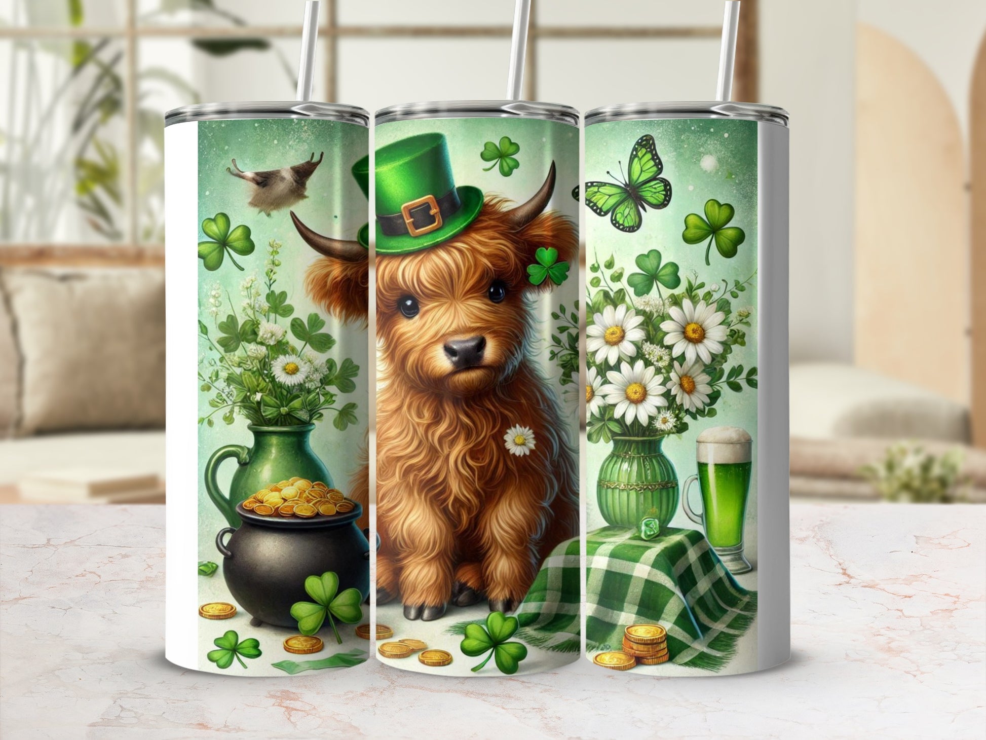 Highland cow in green hat with pot of gold and shamrocks.