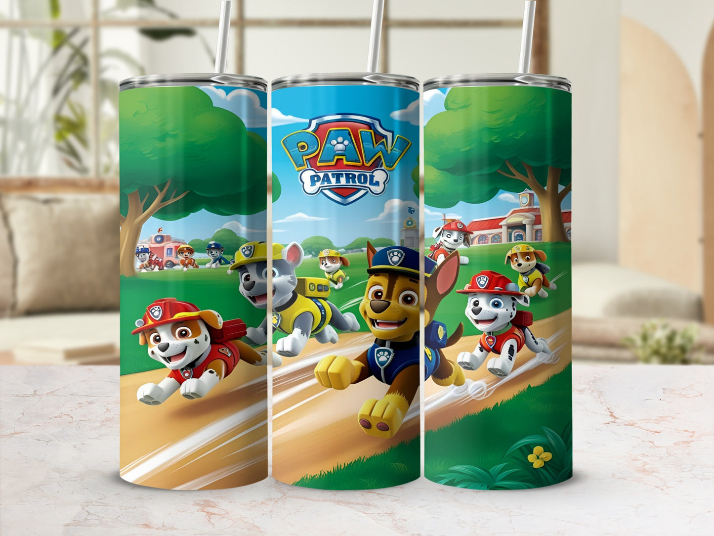Paw Patrol characters running on a path with trees and houses in the background.