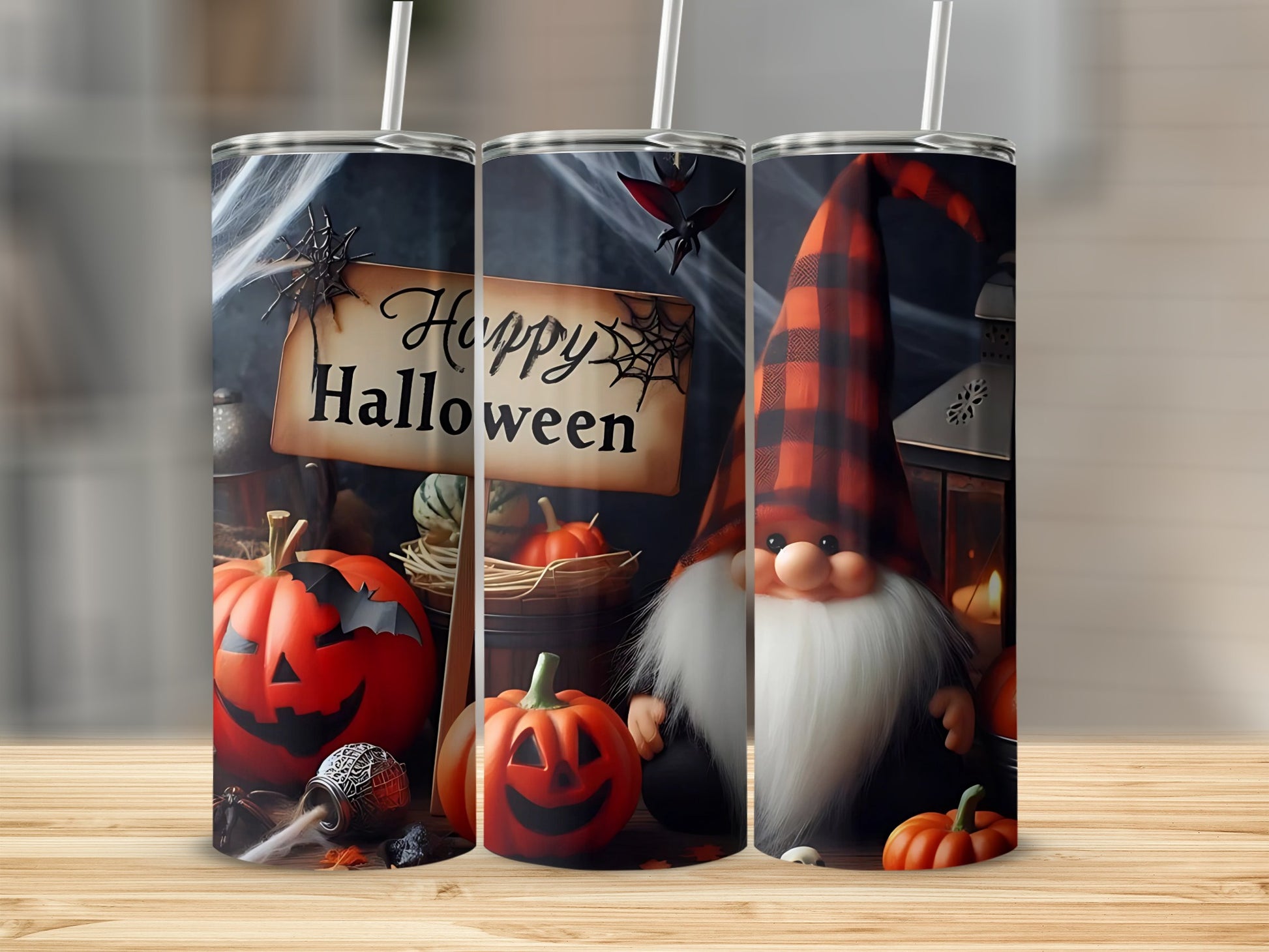 Halloween tumblers with pumpkins, a gnome, and a "Happy Halloween" sign.