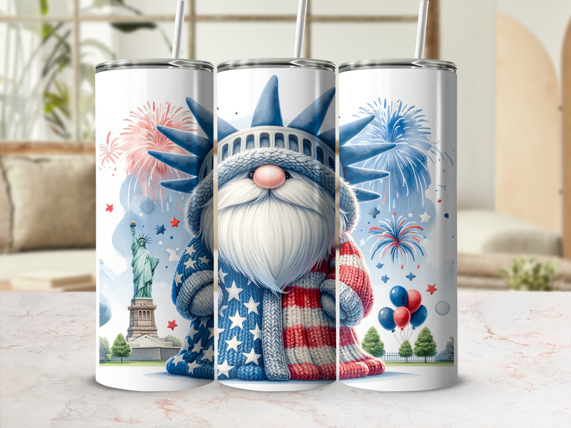 Statue of Liberty gnome in patriotic sweater holding balloons, with fireworks.