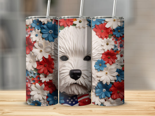 White dog in floral and American flag bandana tumbler.