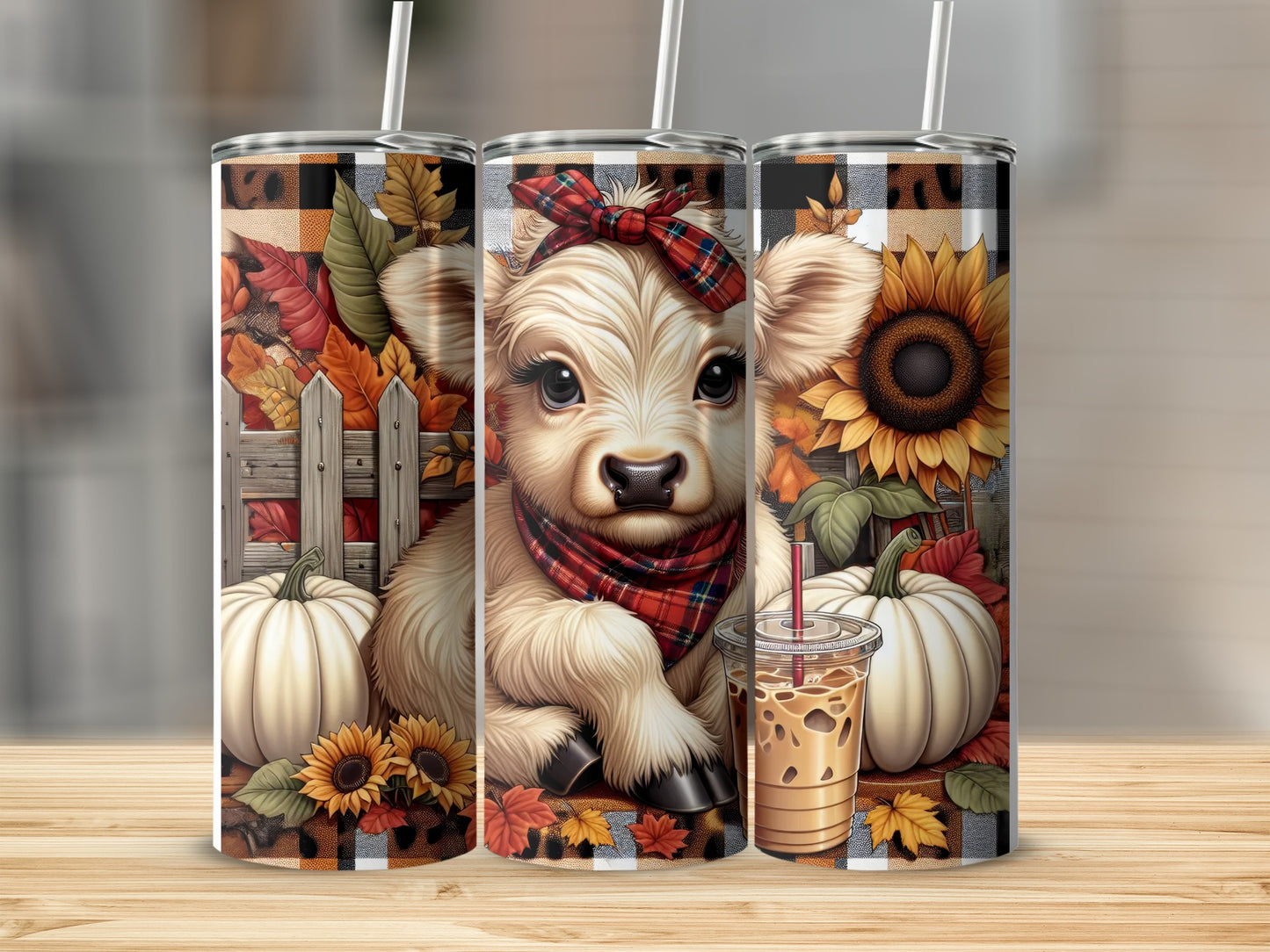 Cow with plaid bow and bandana, pumpkins, sunflowers, and iced coffee.