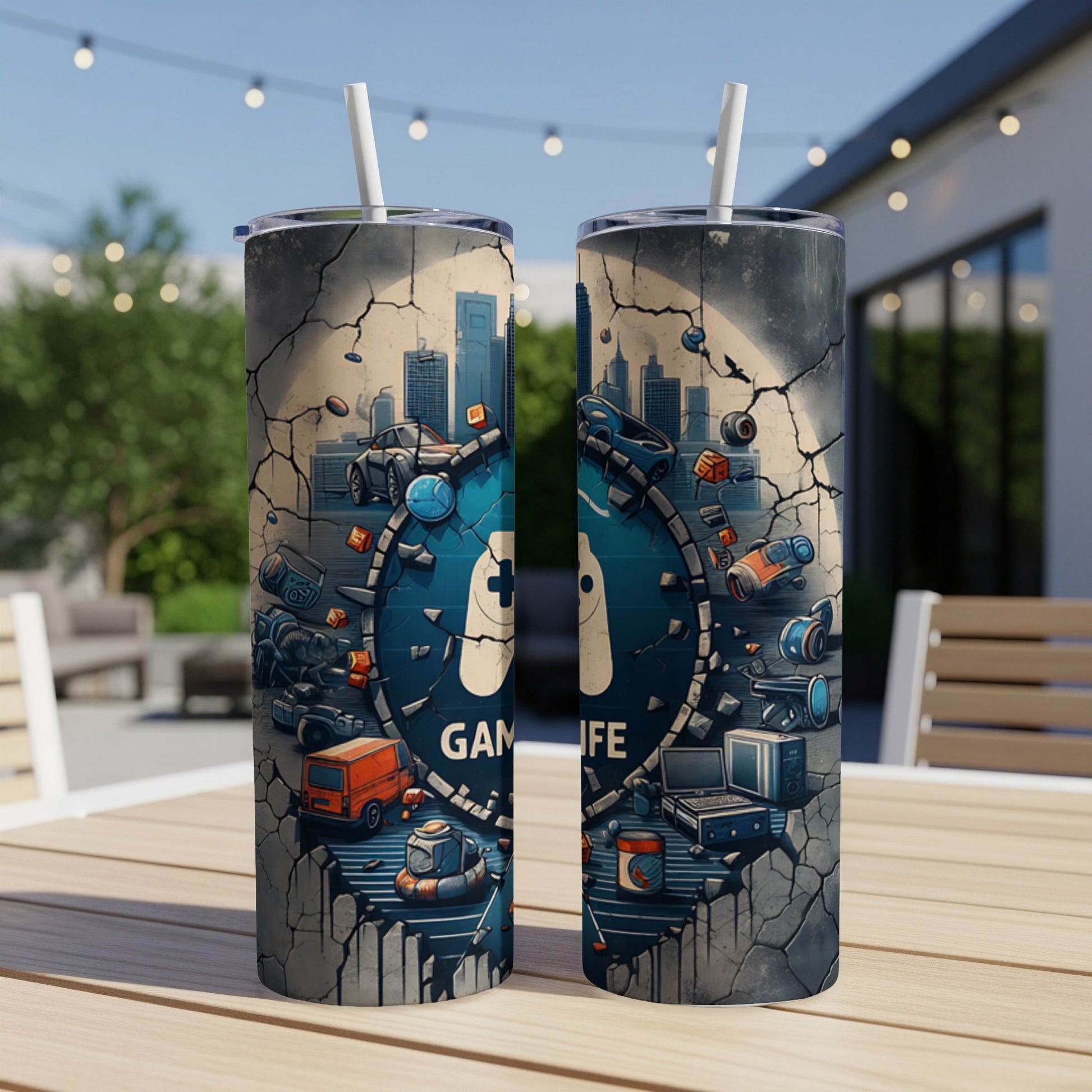 Two tumblers with "Game Life" text and urban cityscape with video game elements.