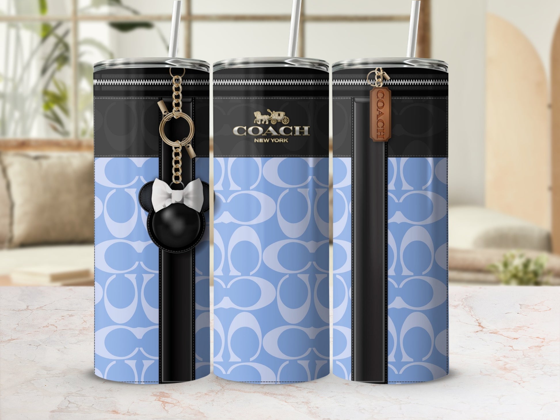 Coach New York Logo Pattern Tumbler with Keychain Accessory