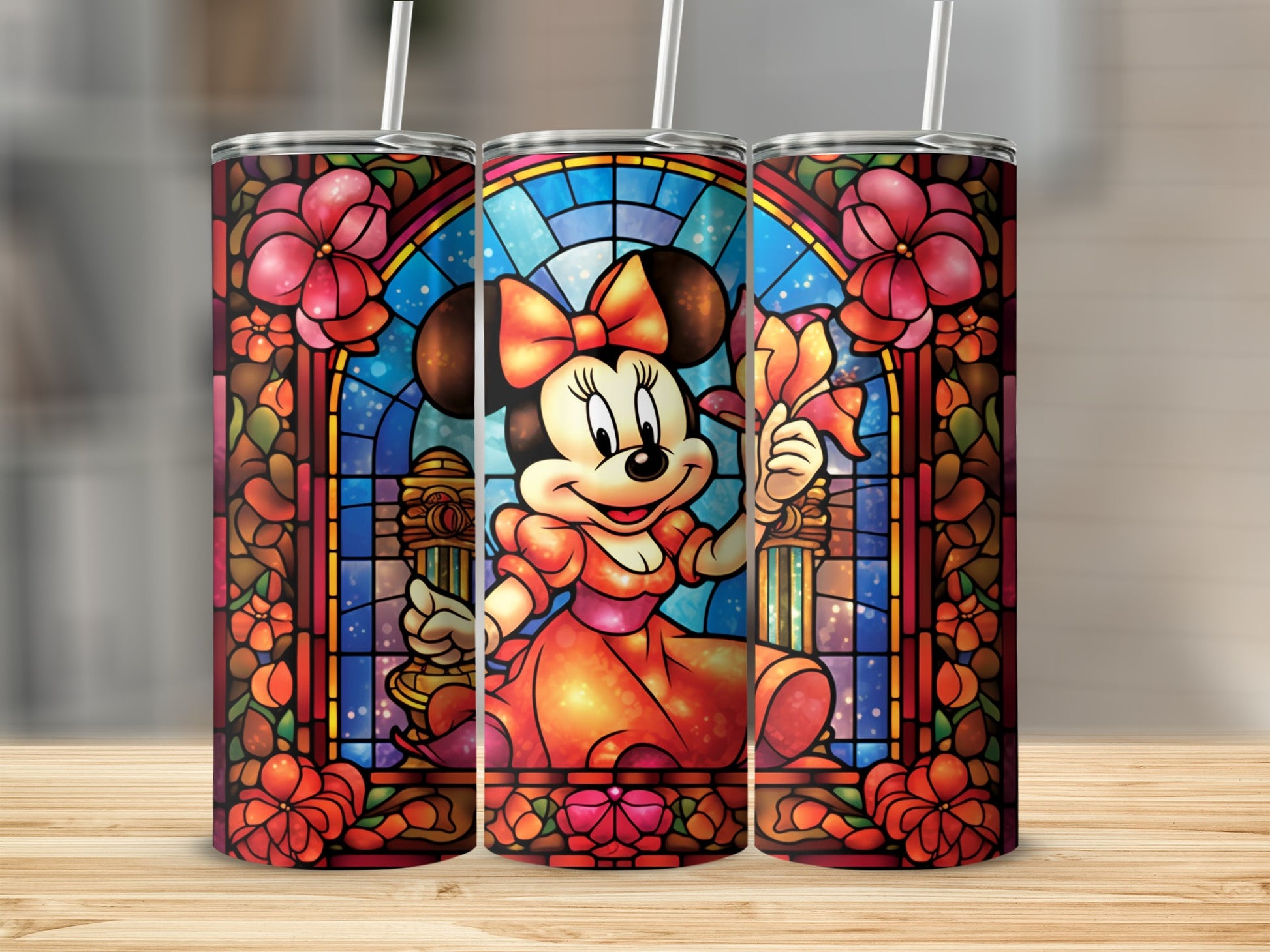 Stained Glass Minnie Mouse Tumblr with Straw Drinkware