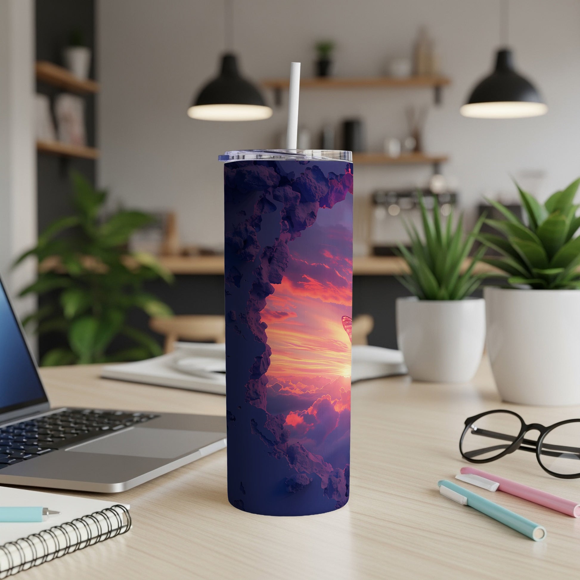 Tumbler with a sunset scene and hot air balloon.