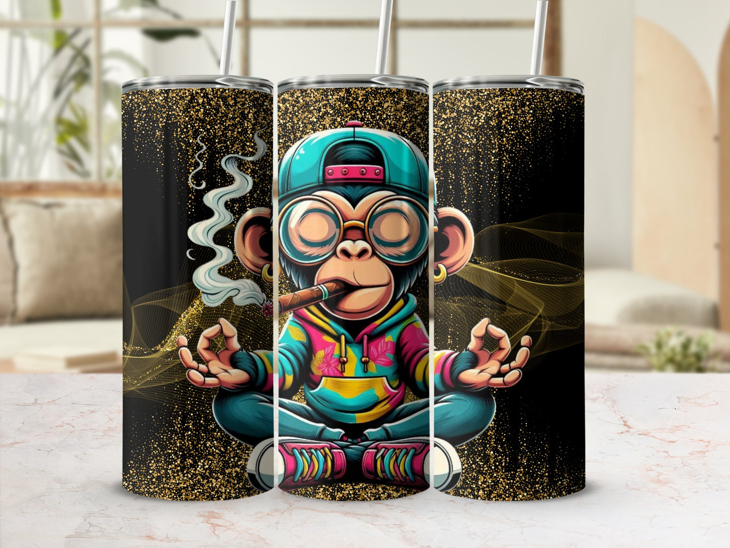 Meditating Monkey Graphic Tumbler with Straw Lid