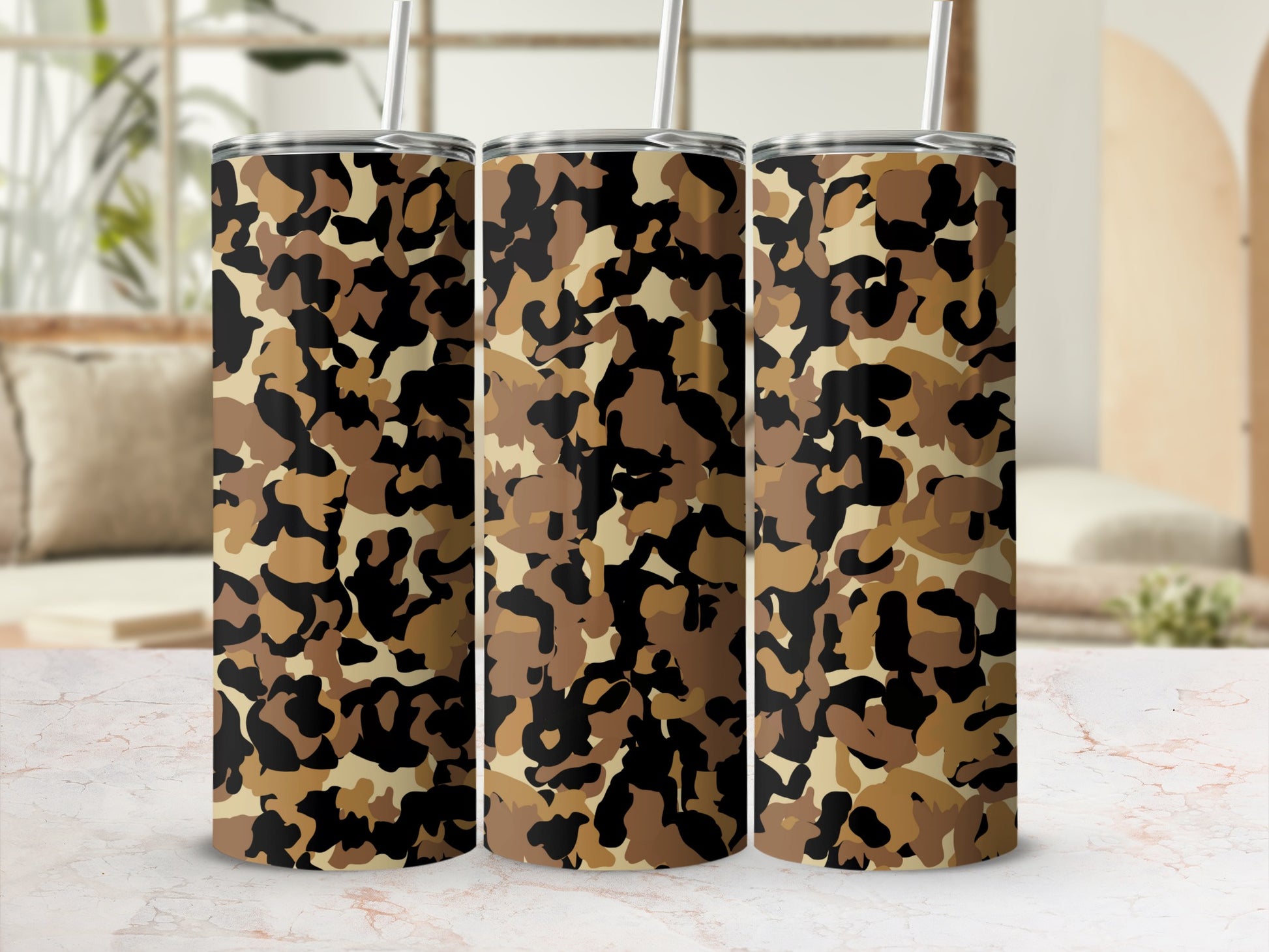 Camouflage Patterned Travel Tumbler with Straw