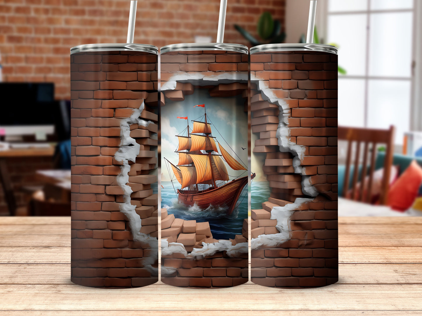 Vintage Brick Wall Ship Art Insulated Tumbler Flask
