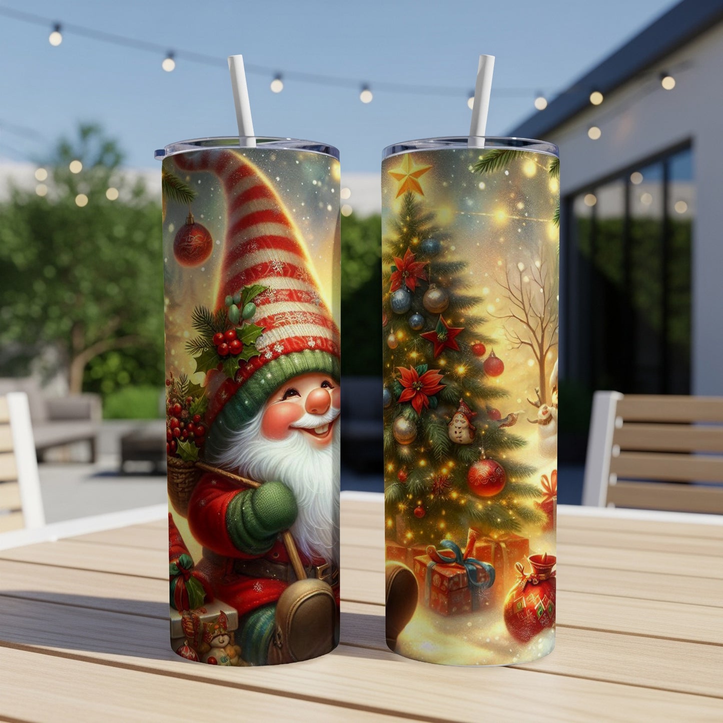 Two Christmas-themed tumblers, one with a gnome, another with a decorated tree.