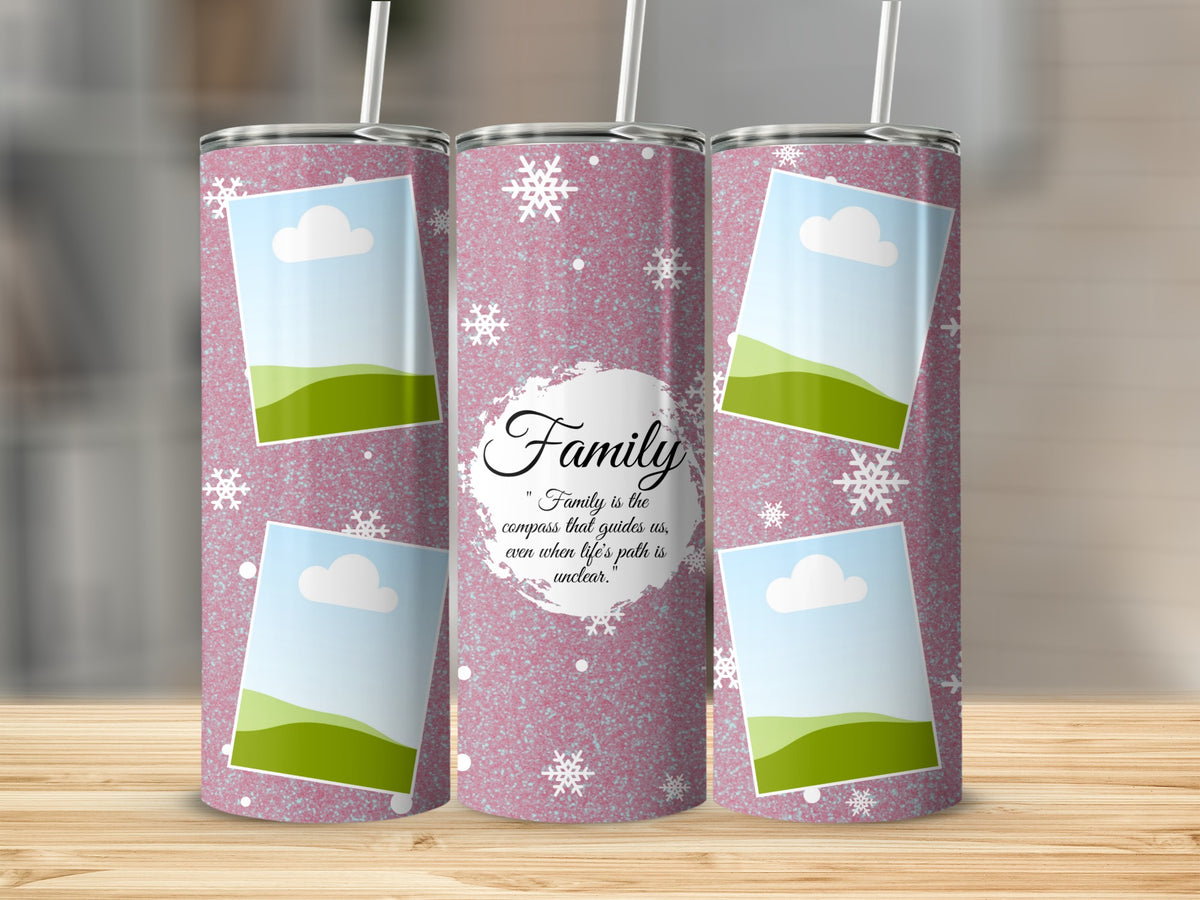 Pink tumbler with snowflakes, photo frames, and "Family" quote.
