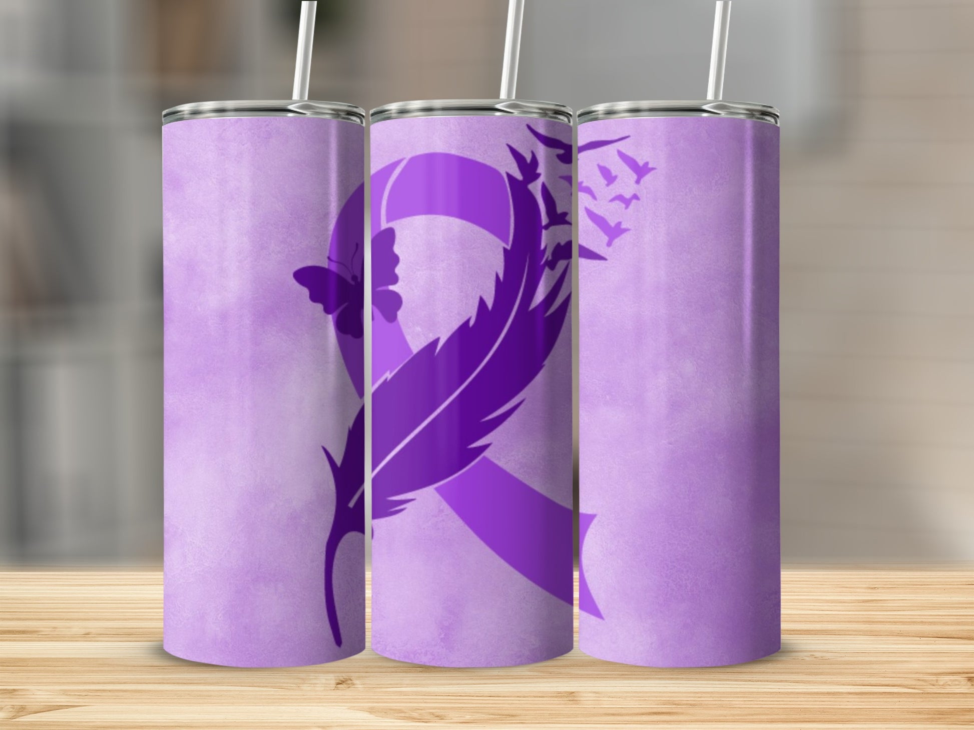 Purple Ribbon and Feather Floral Design Tumbler