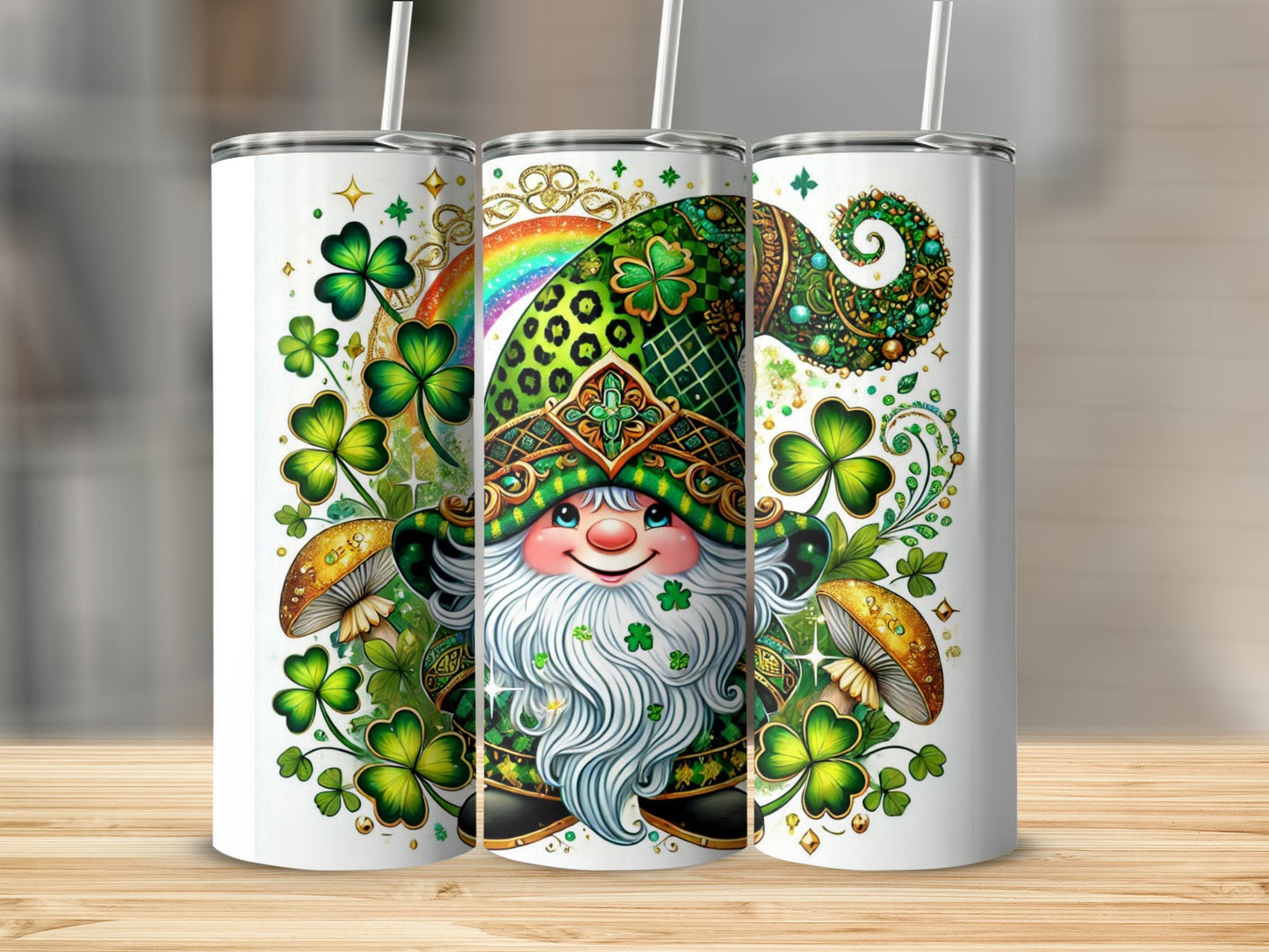 Saint Patrick's Day gnome with shamrocks, mushrooms, and rainbow hat.