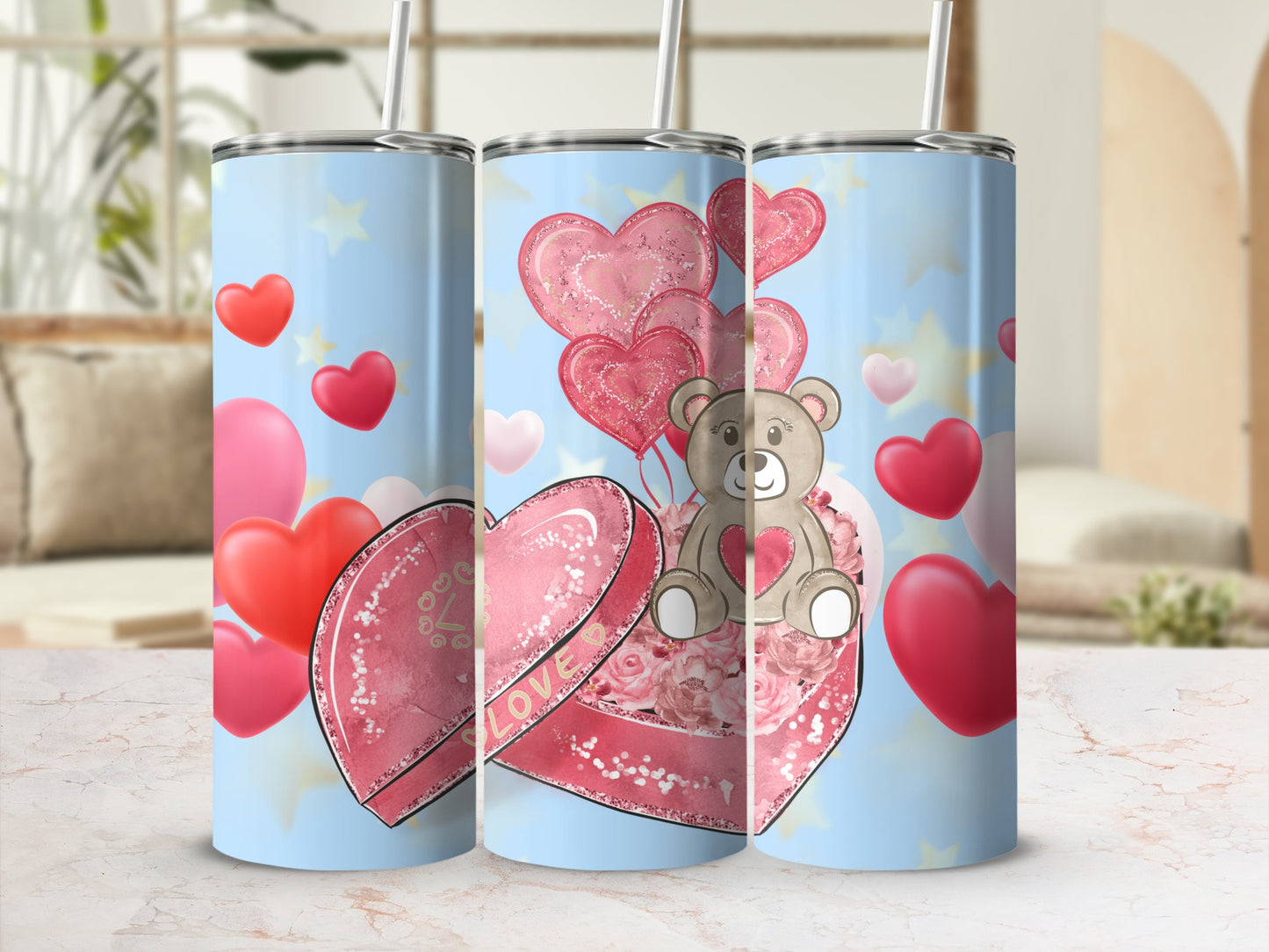 Cute Bear with Heart Balloons Valentine Tumbler Design
