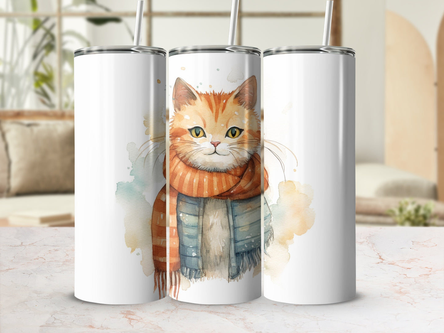 Three tumblers featuring a watercolor painting of a ginger cat wearing a scarf.