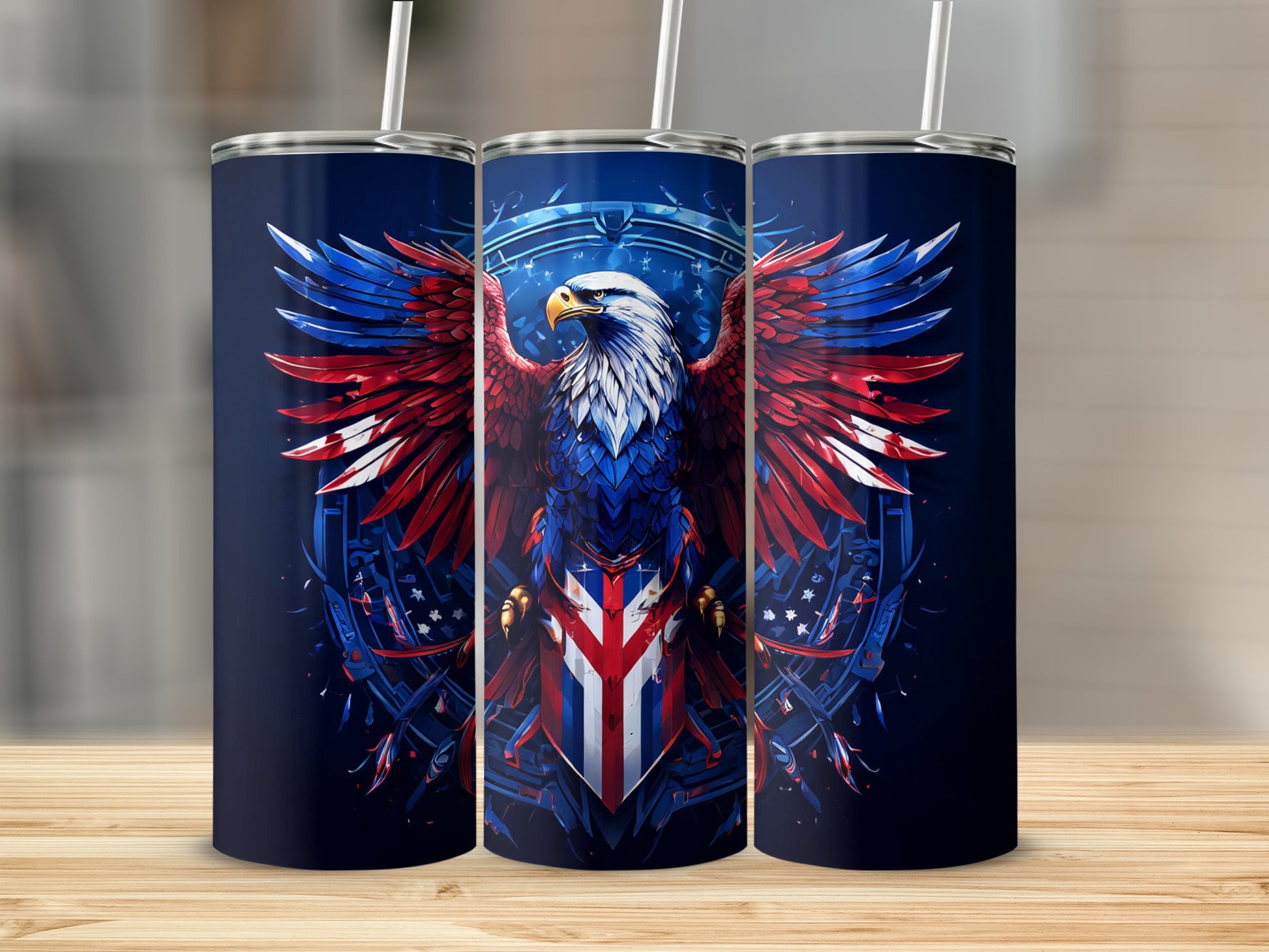 Patriotic eagle with outstretched wings on a blue background.
