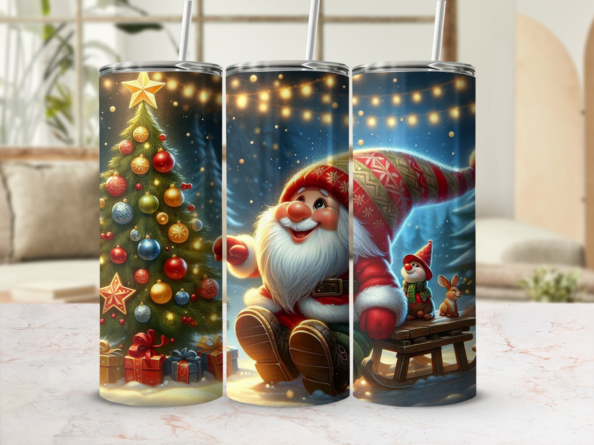 Santa Claus with Christmas tree and gifts on a festive tumbler.