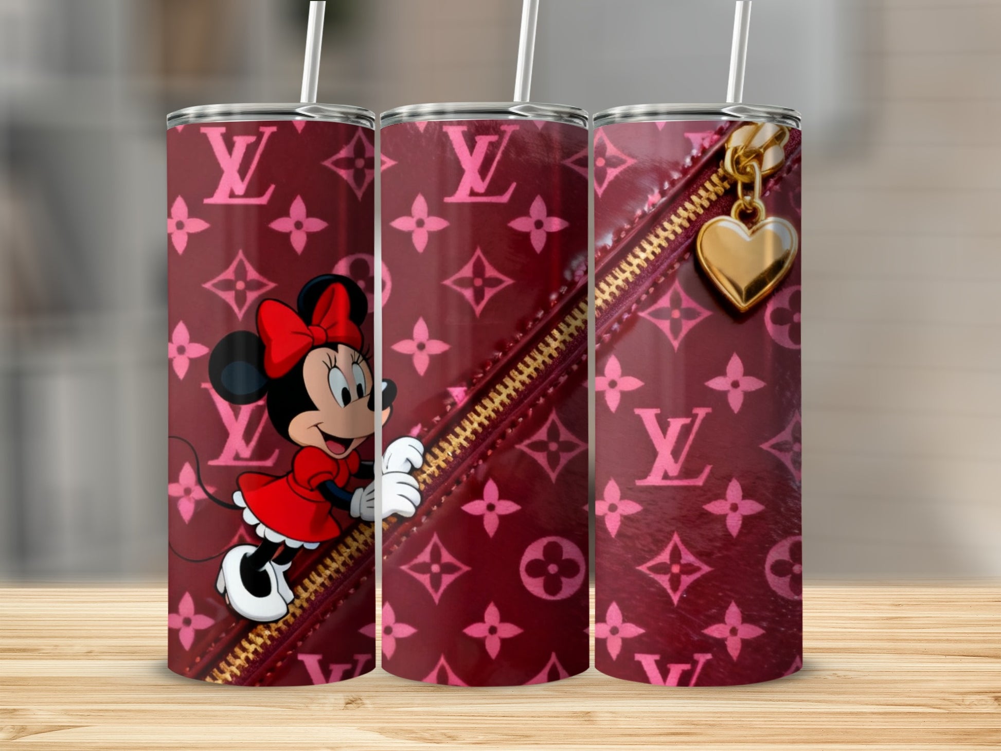 Minnie Mouse peeks through a red monogrammed zipper with a heart charm.