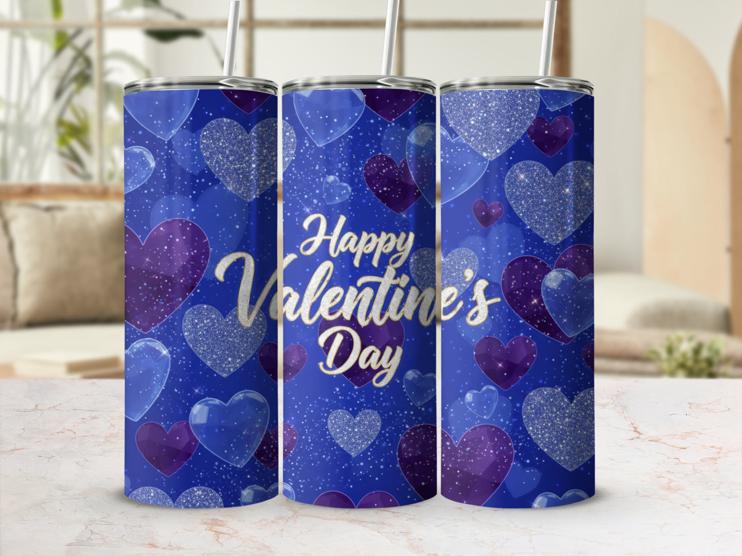 Happy Valentine's Day Blue Hearts Tumbler