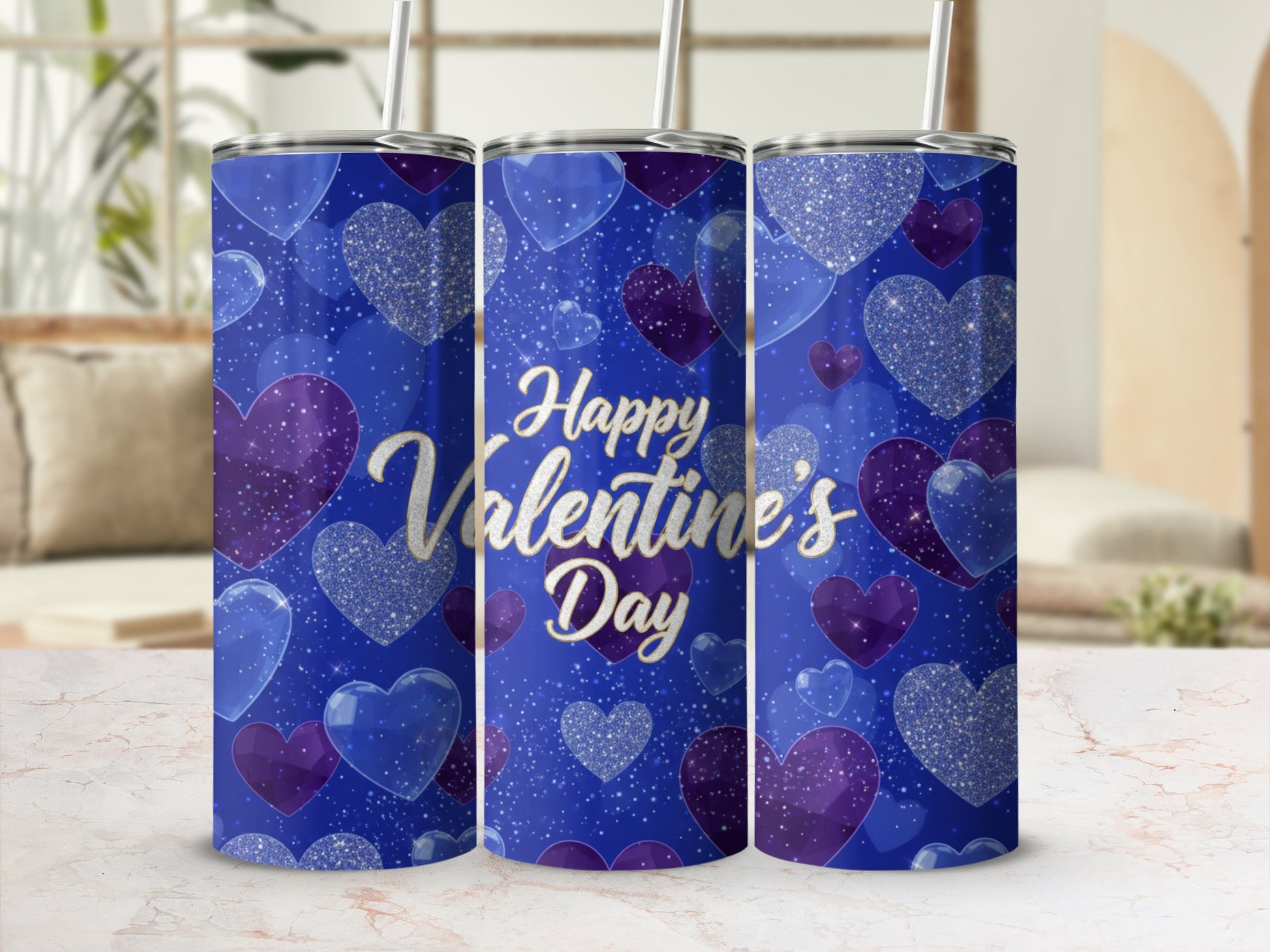 Happy Valentine's Day Blue Hearts Tumbler