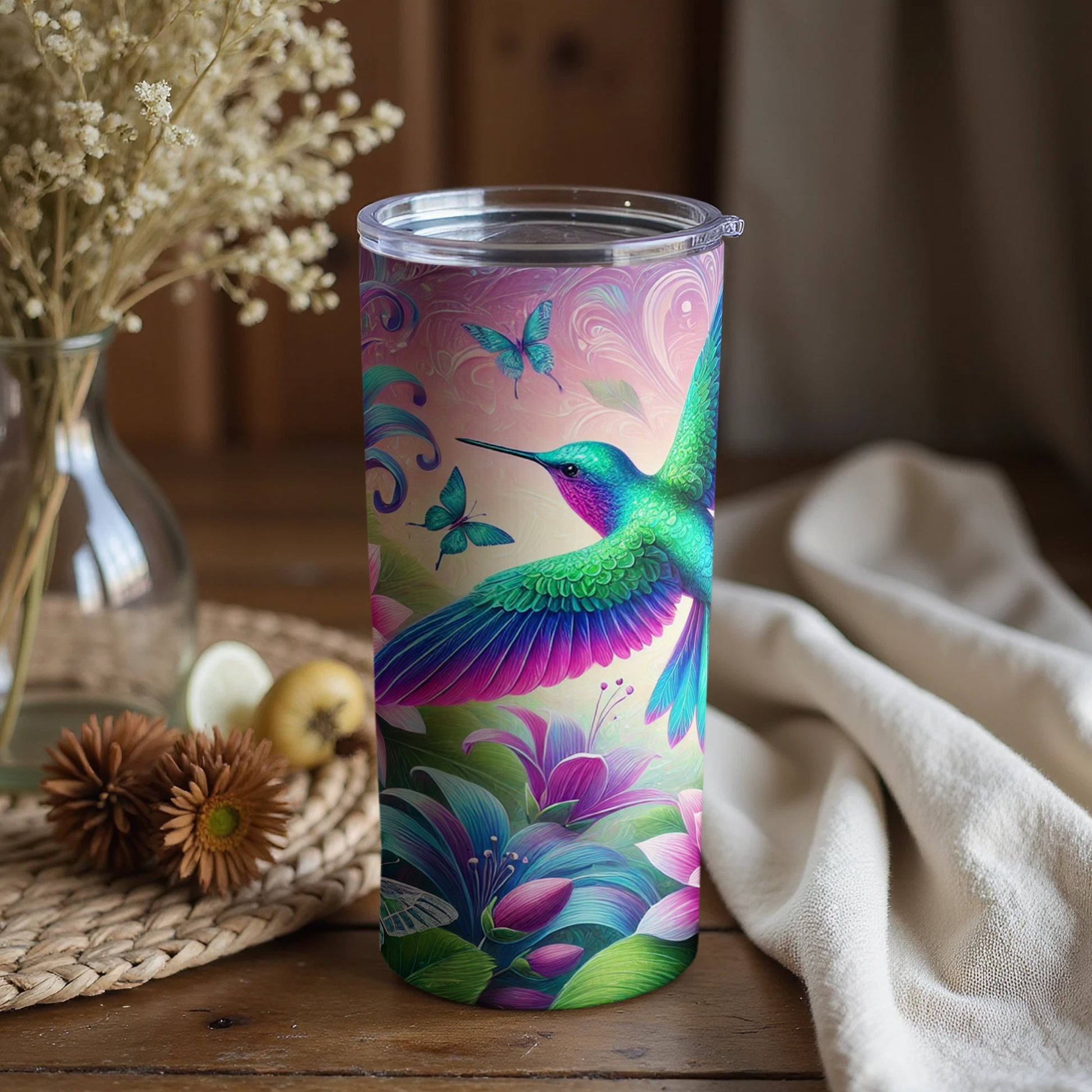 Vibrant Hummingbird and Floral Design Tumbler Cup