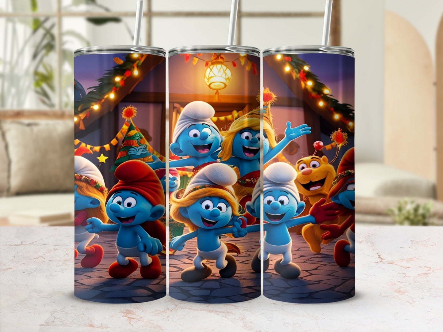 Smurfs characters with festive lights and hats on a tumbler.