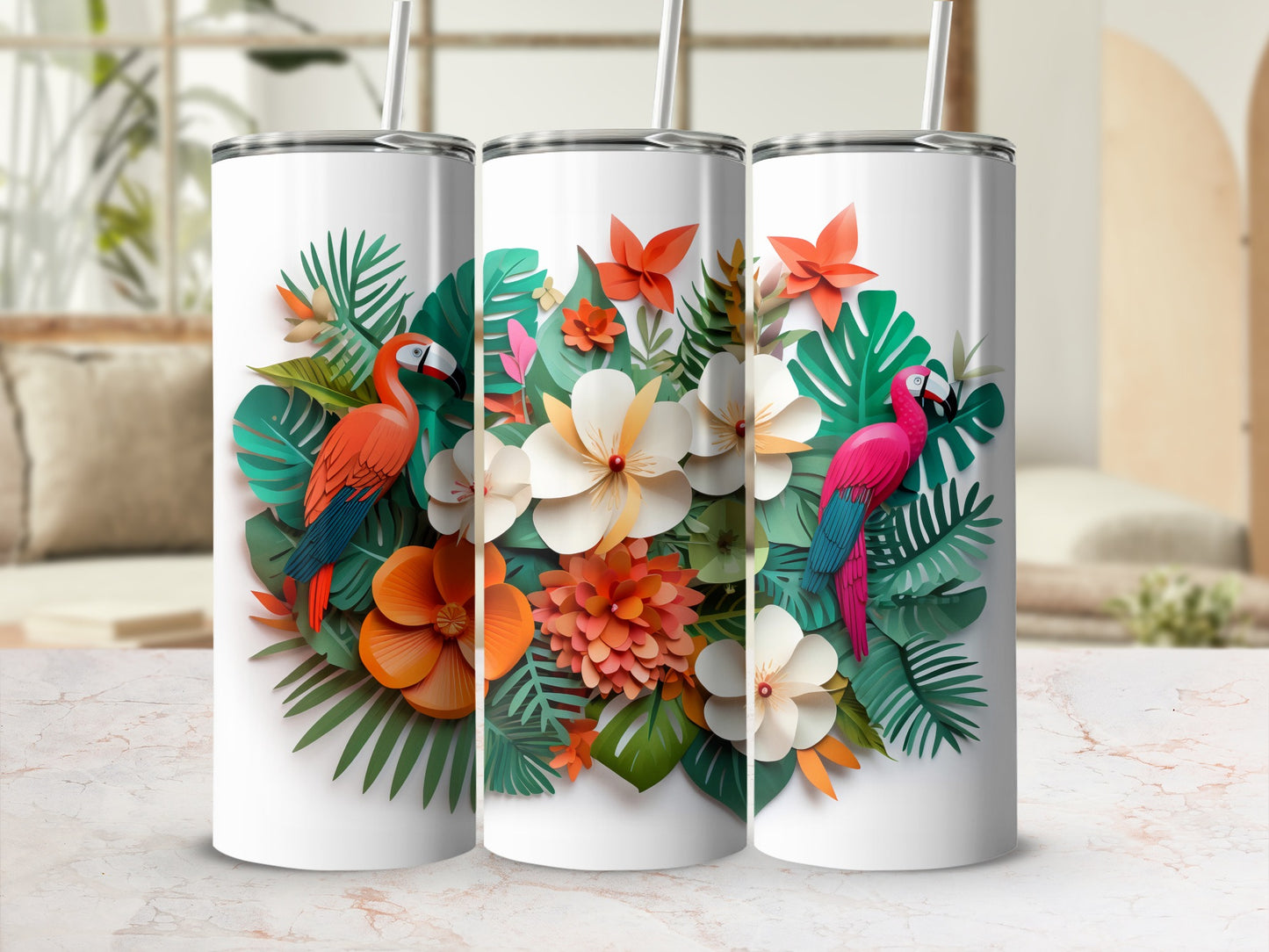 Tropical Parrot and Flowers Design Tumbler Cup