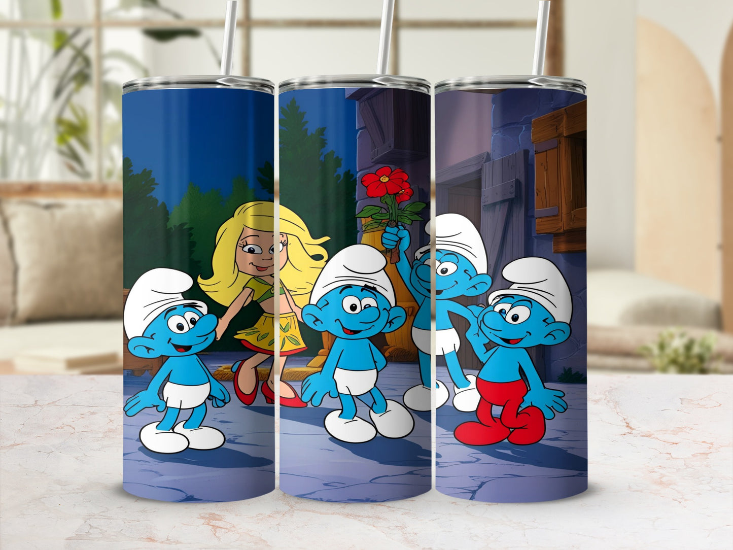 Three Smurfs characters in a row, one holding a red rose.