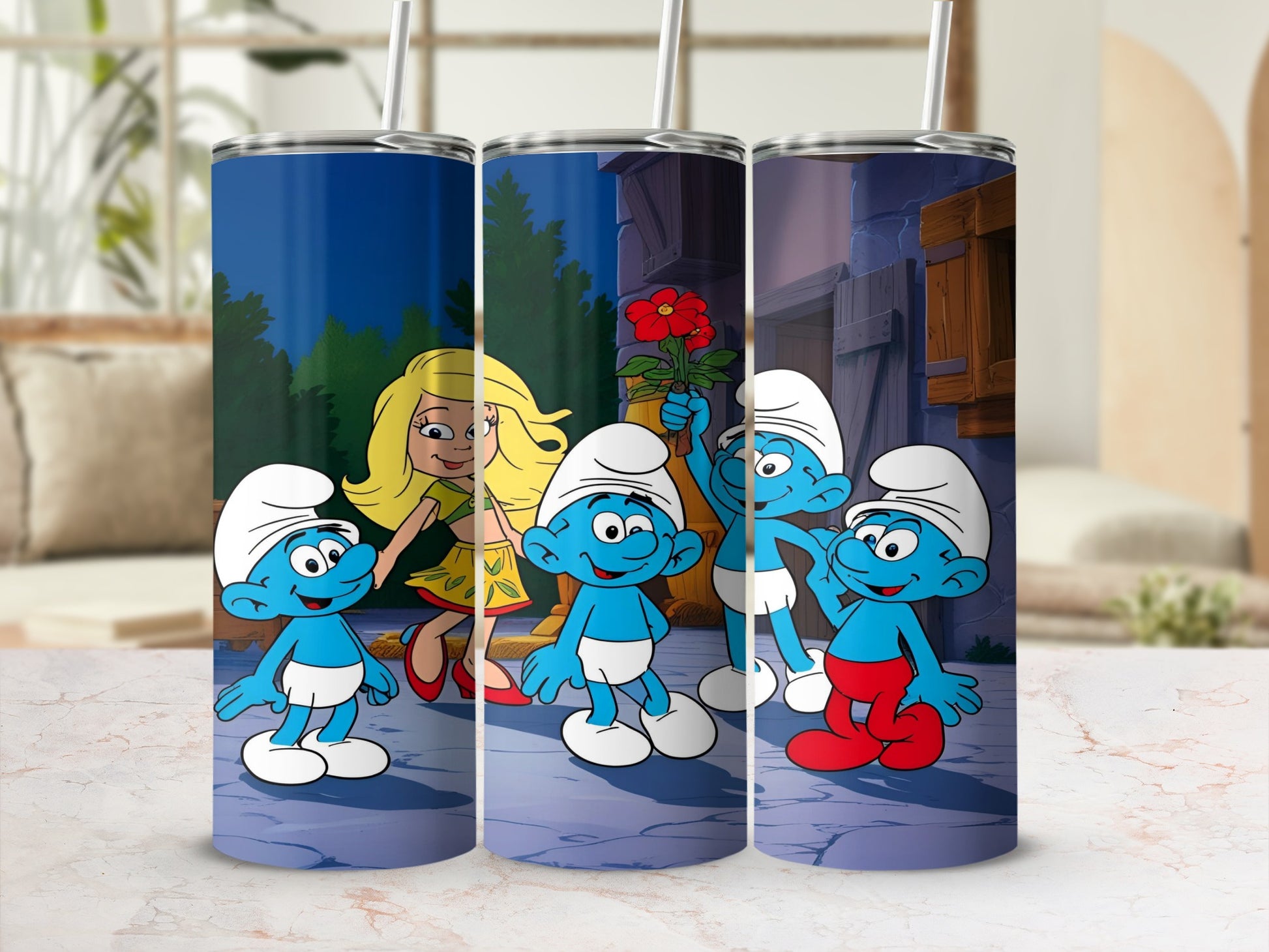Three Smurfs characters in a row, one holding a red rose.