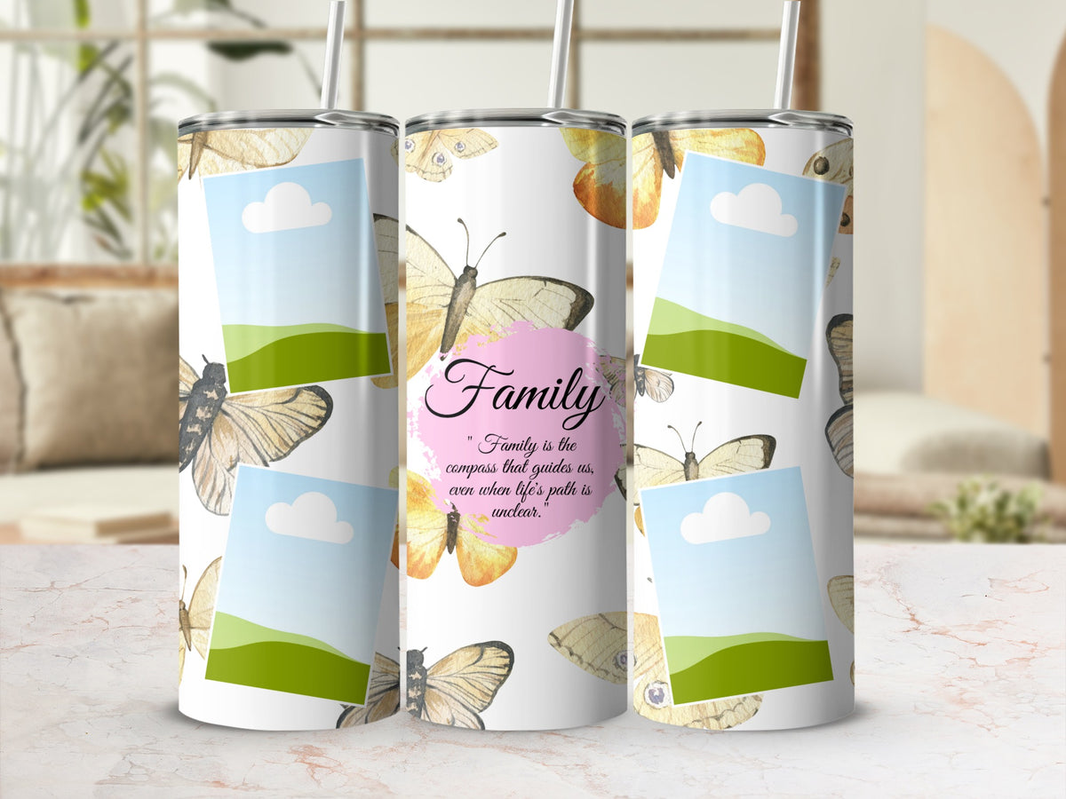 Tumblers with butterflies and quote "Family is the compass that guides us, even when life's path is unclear."