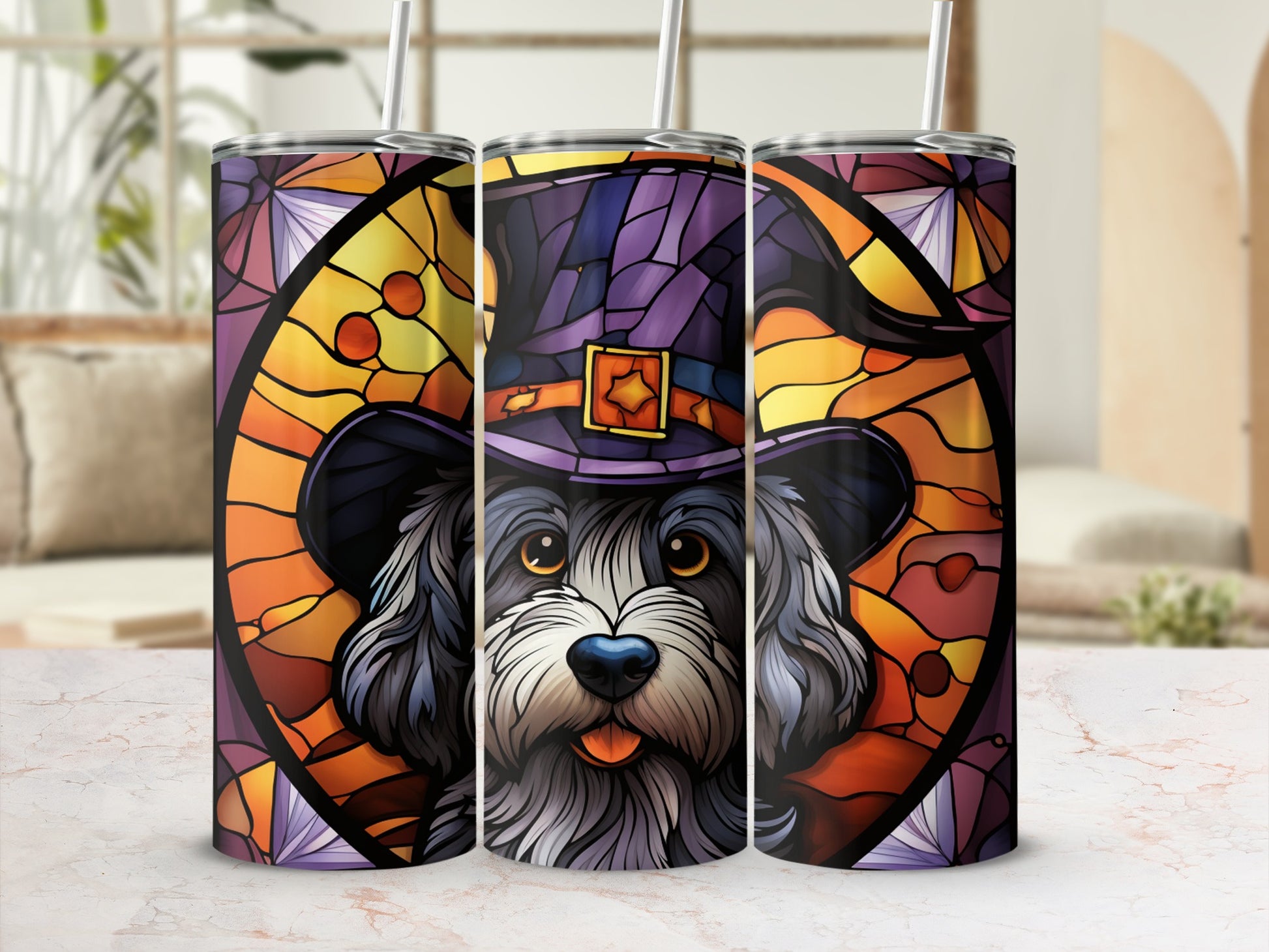 Stained glass dog in witch hat, tongue out, on tumbler.