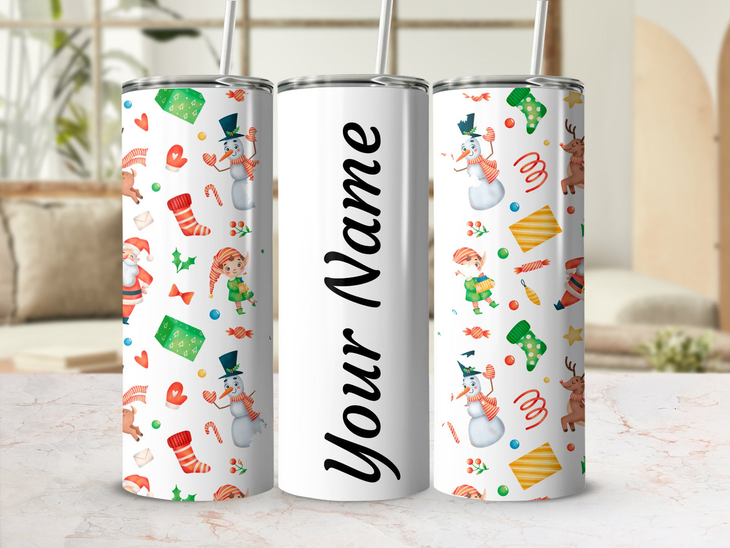 Custom Personalized Christmas Themed Tumbler with Straw