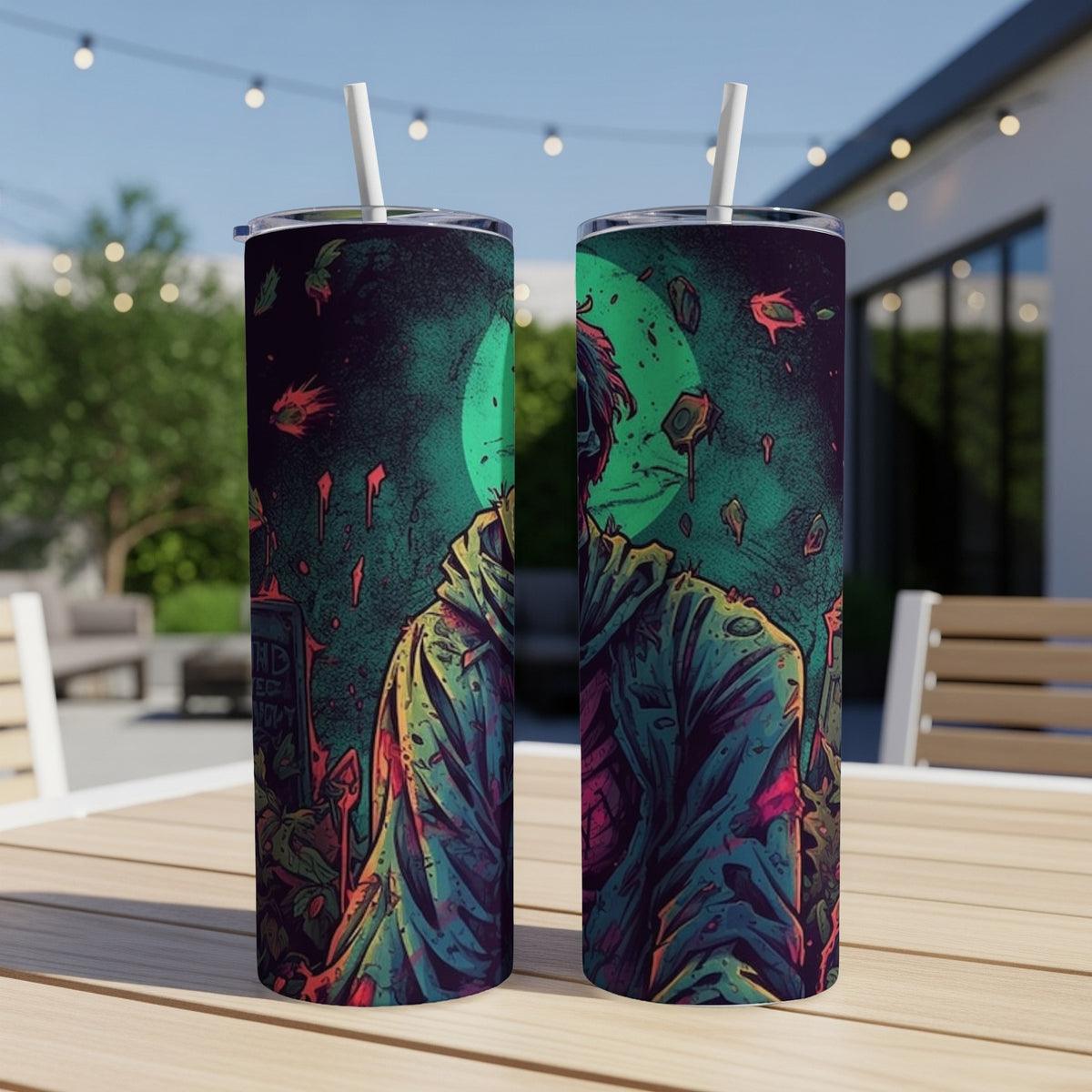 Two tumblers with a zombie art design and straws are displayed outdoors.