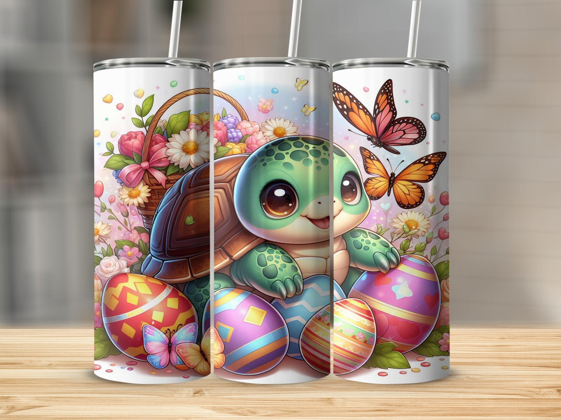 Easter turtle with colorful eggs and butterflies among flowers.