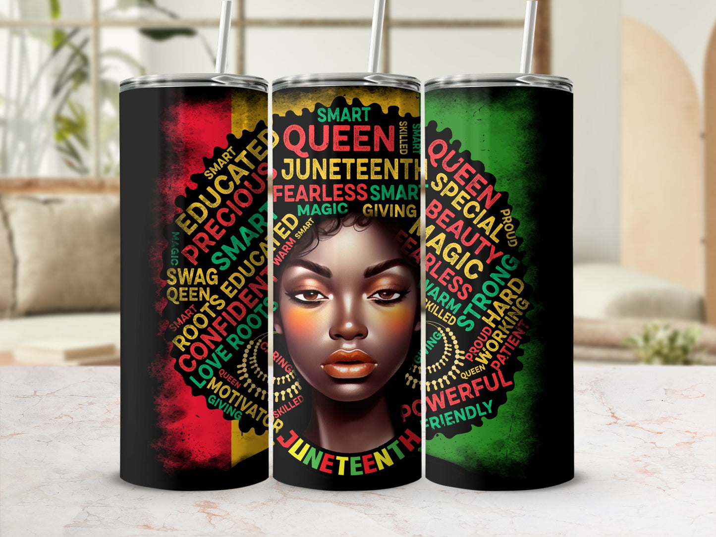 Juneteenth tumbler with Black woman, Rasta colors, and empowerment words.