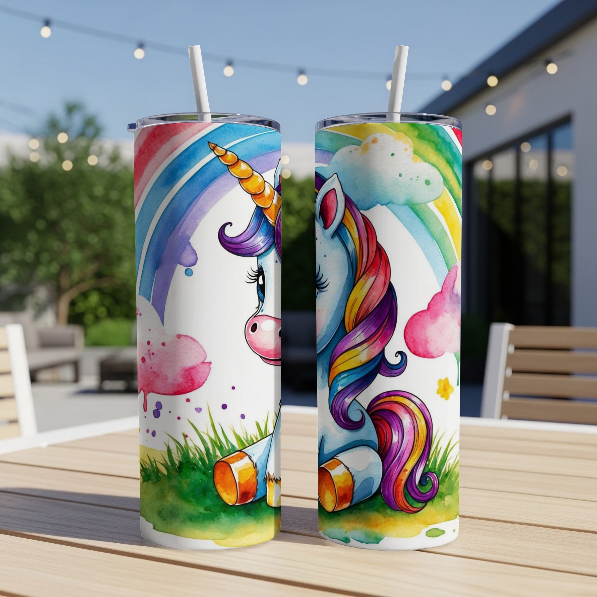 Two tumblers with a watercolor unicorn and rainbow design sit on a table.