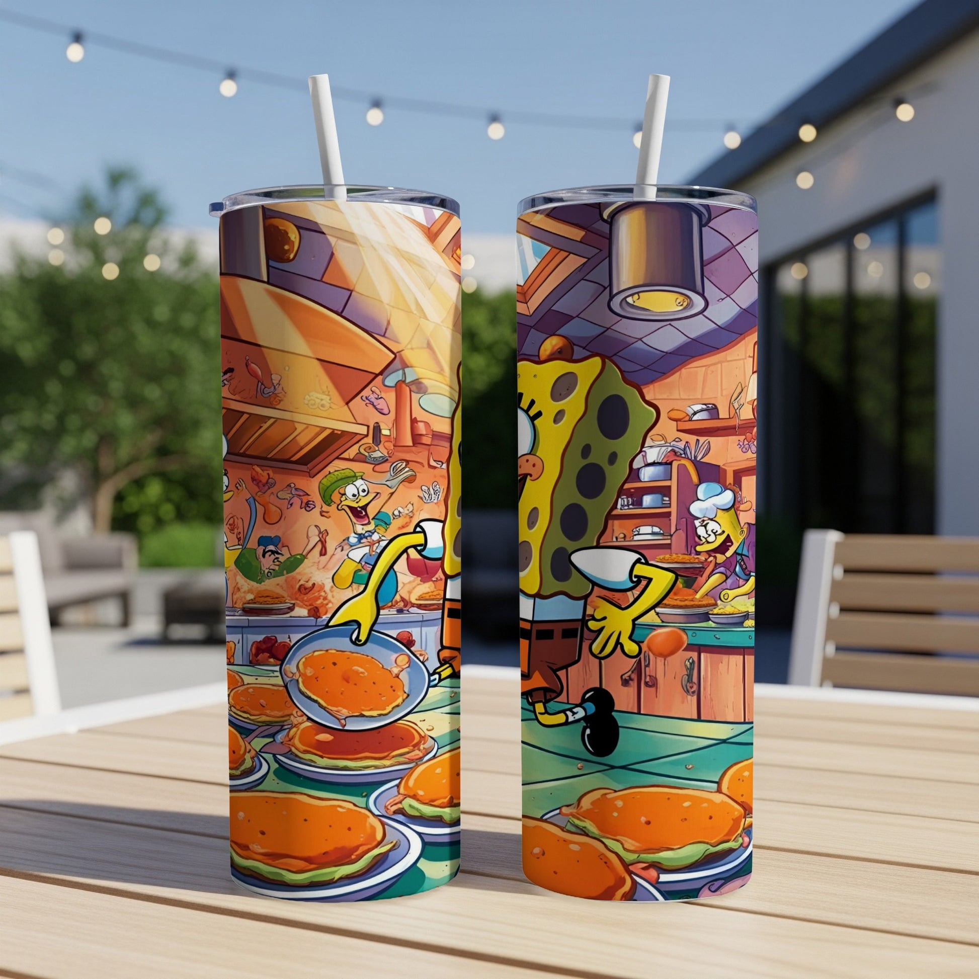 SpongeBob SquarePants Krabby Patty cooking scene on two tumblers.