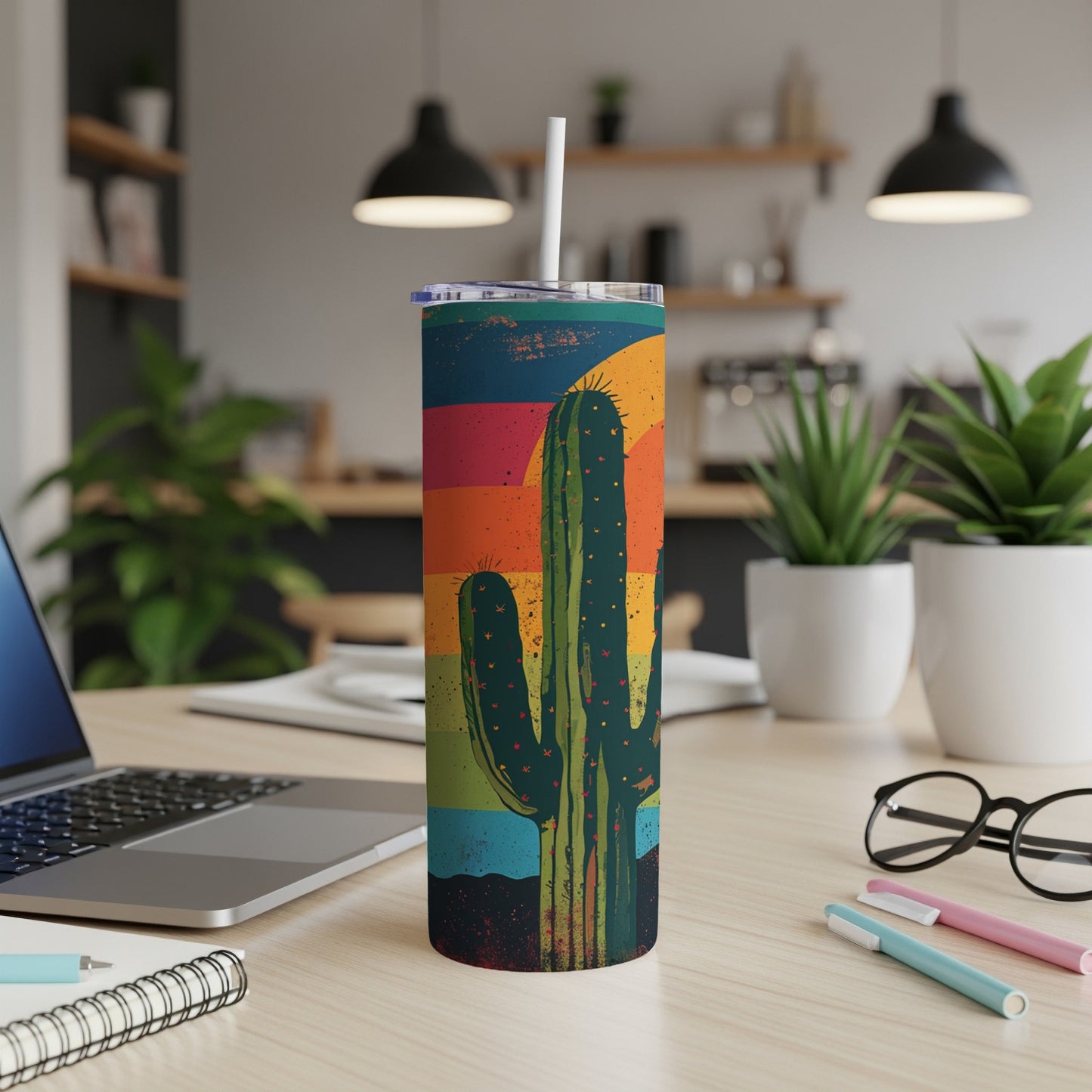 Tall saguaro cactus silhouette against a colorful striped sunset on a tumbler.