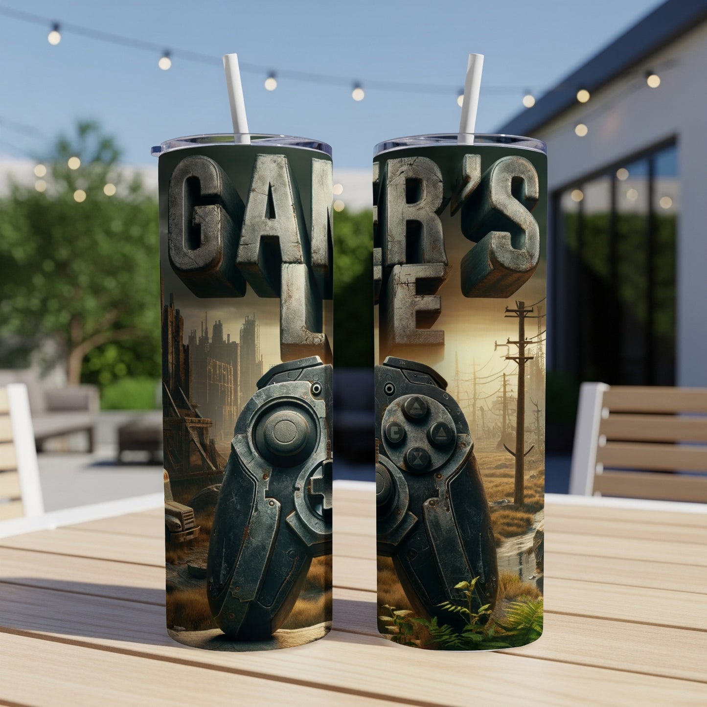 Two tumblers feature a post-apocalyptic cityscape with a controller.