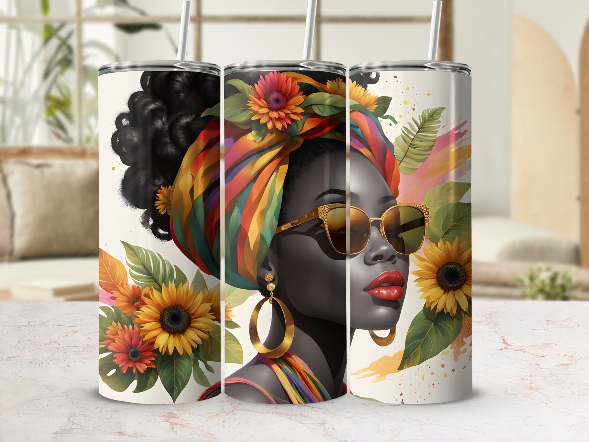 Tumbler with woman in colorful headwrap and sunflowers.