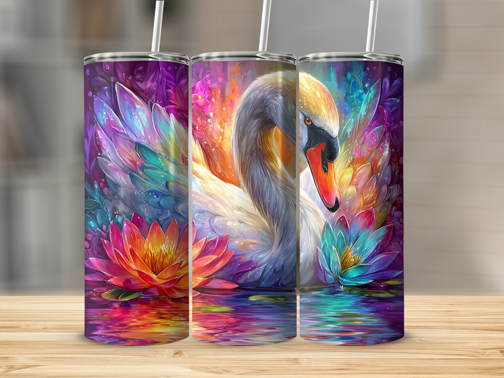 Vibrant Swan and Lotus Insulated Tumbler Cup