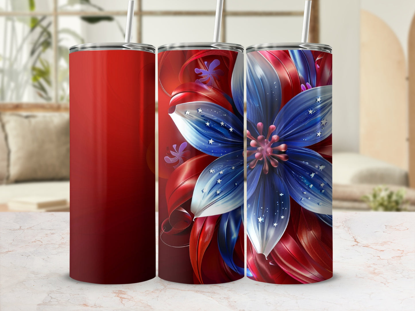 Red tumbler with a blue and red floral design and stars.