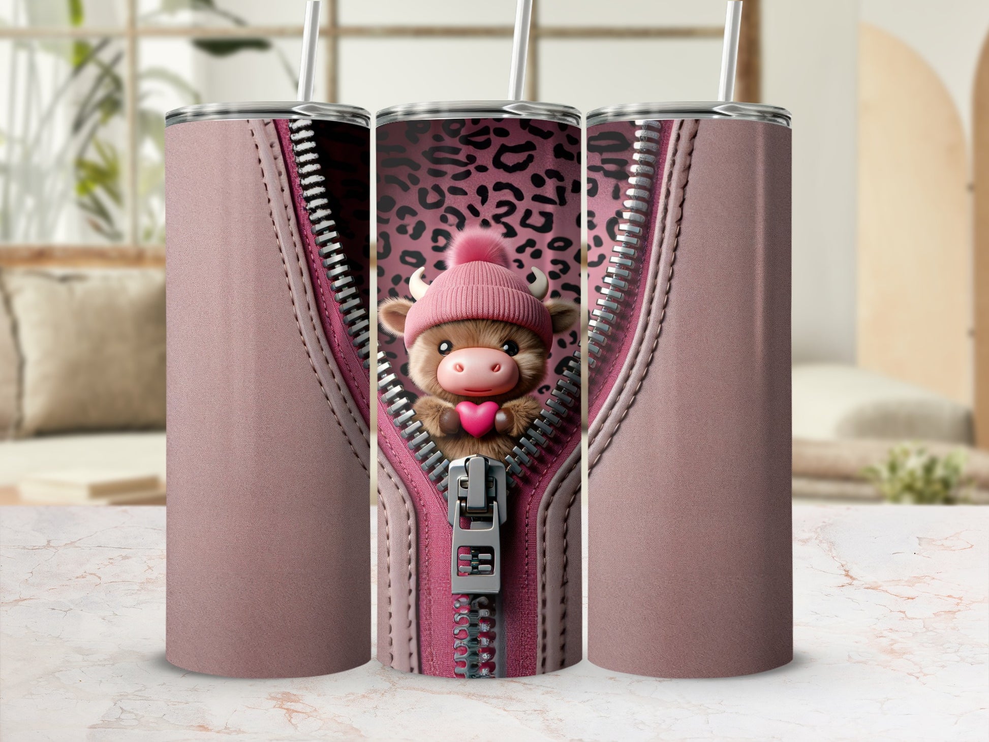 Pink tumbler with a zipper revealing a cow wearing a pink hat and holding a heart.