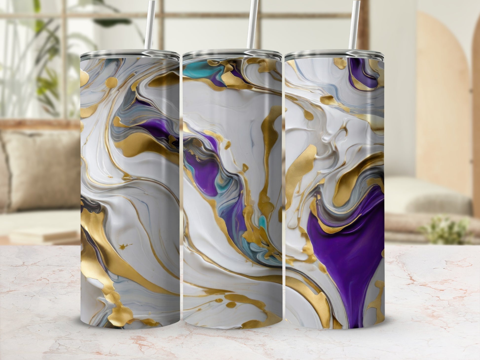 Abstract fluid art gold purple white tumbler product type