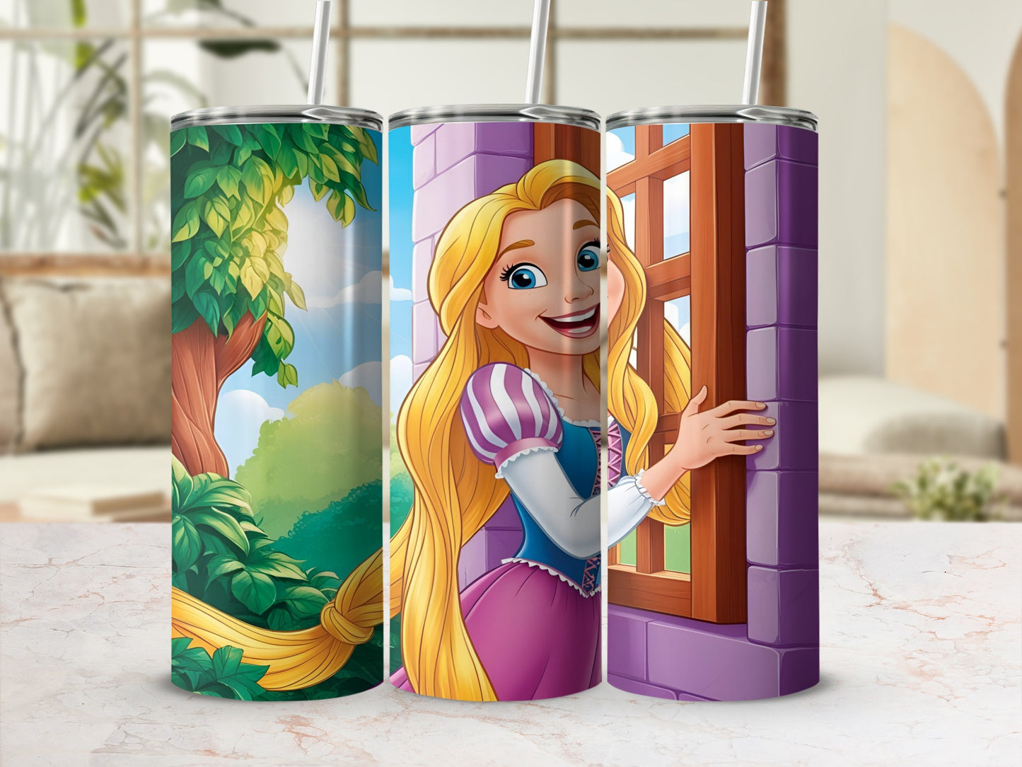 Rapunzel peeking out a window with her long blonde hair and a forest background.