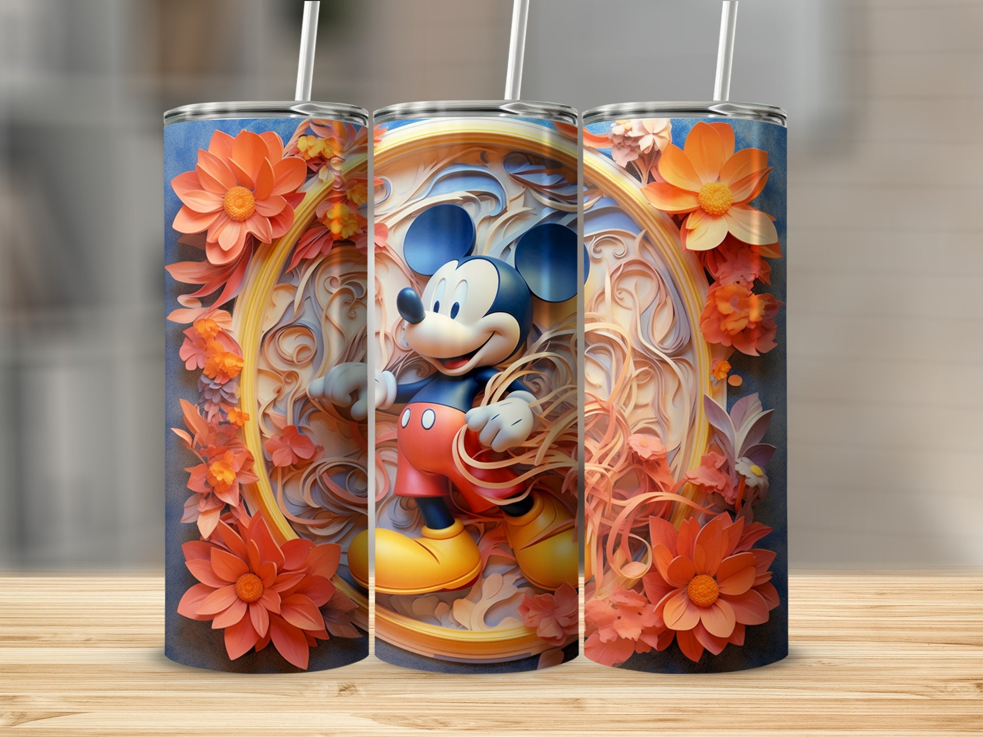 Vibrant Floral Mickey Mouse Insulated Tumbler Cup